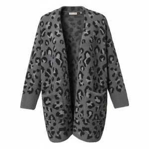 Evolution by Cyrus Women's Grey Leopard Print Fuzzy Open Front Cardigan Size 1X